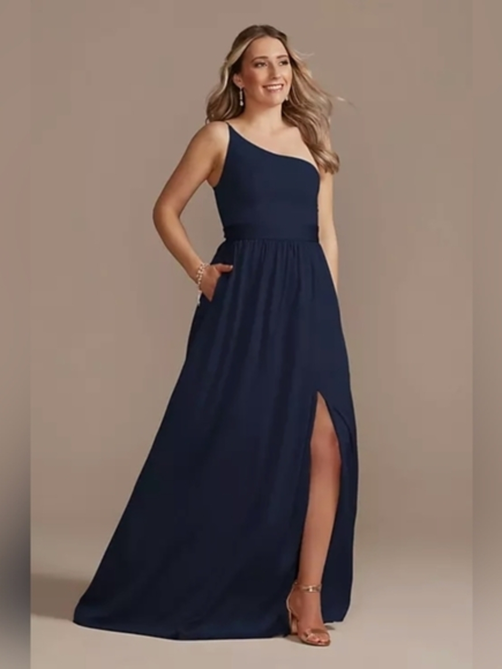 David's Bridal Navy One-Shoulder Maxi Dress with Side Slit